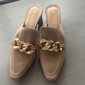 Tan Mules with Gold Chain Accent